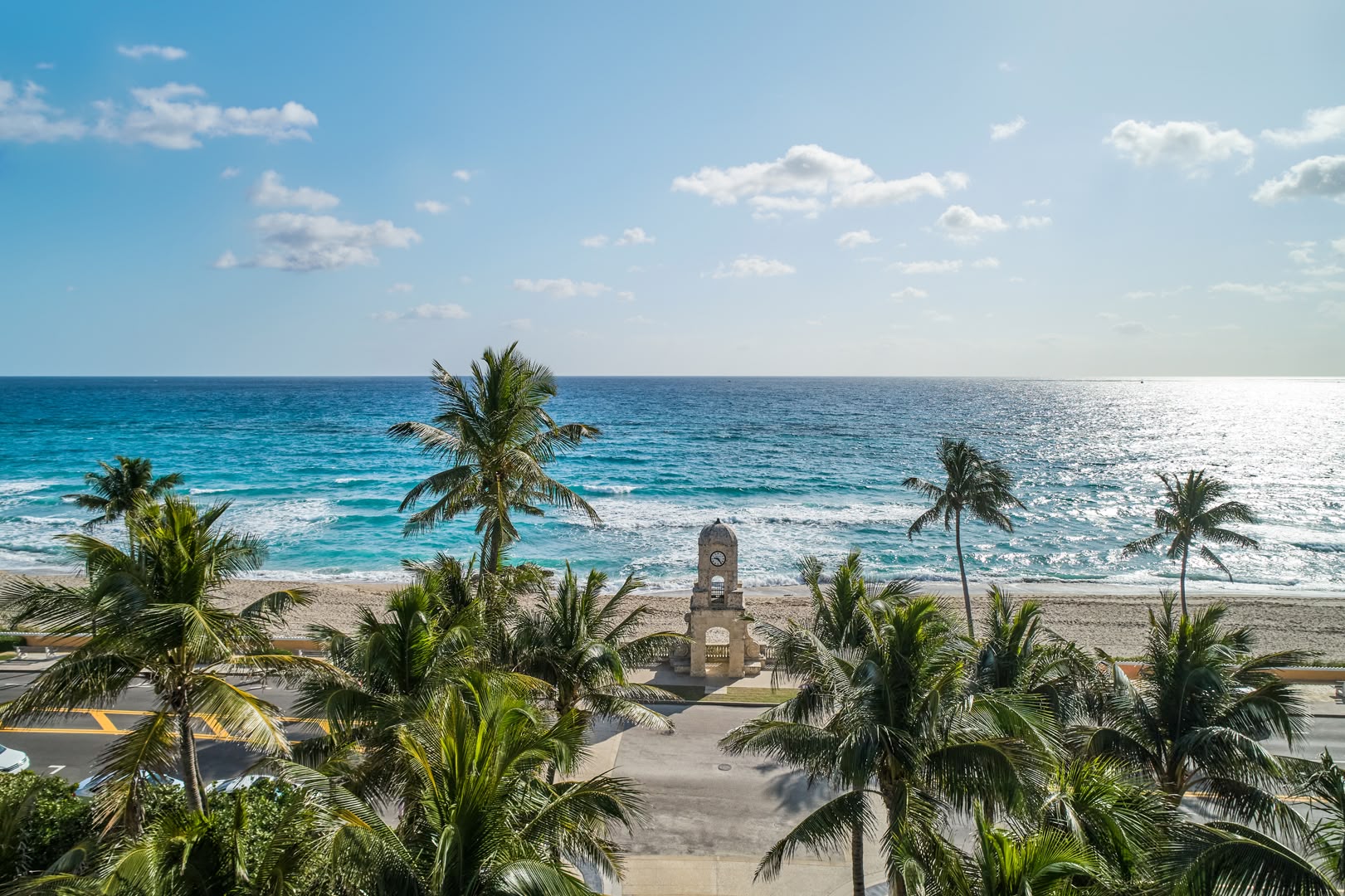 Aerial view of palm trees and turquoise ocean in Palm Beach
