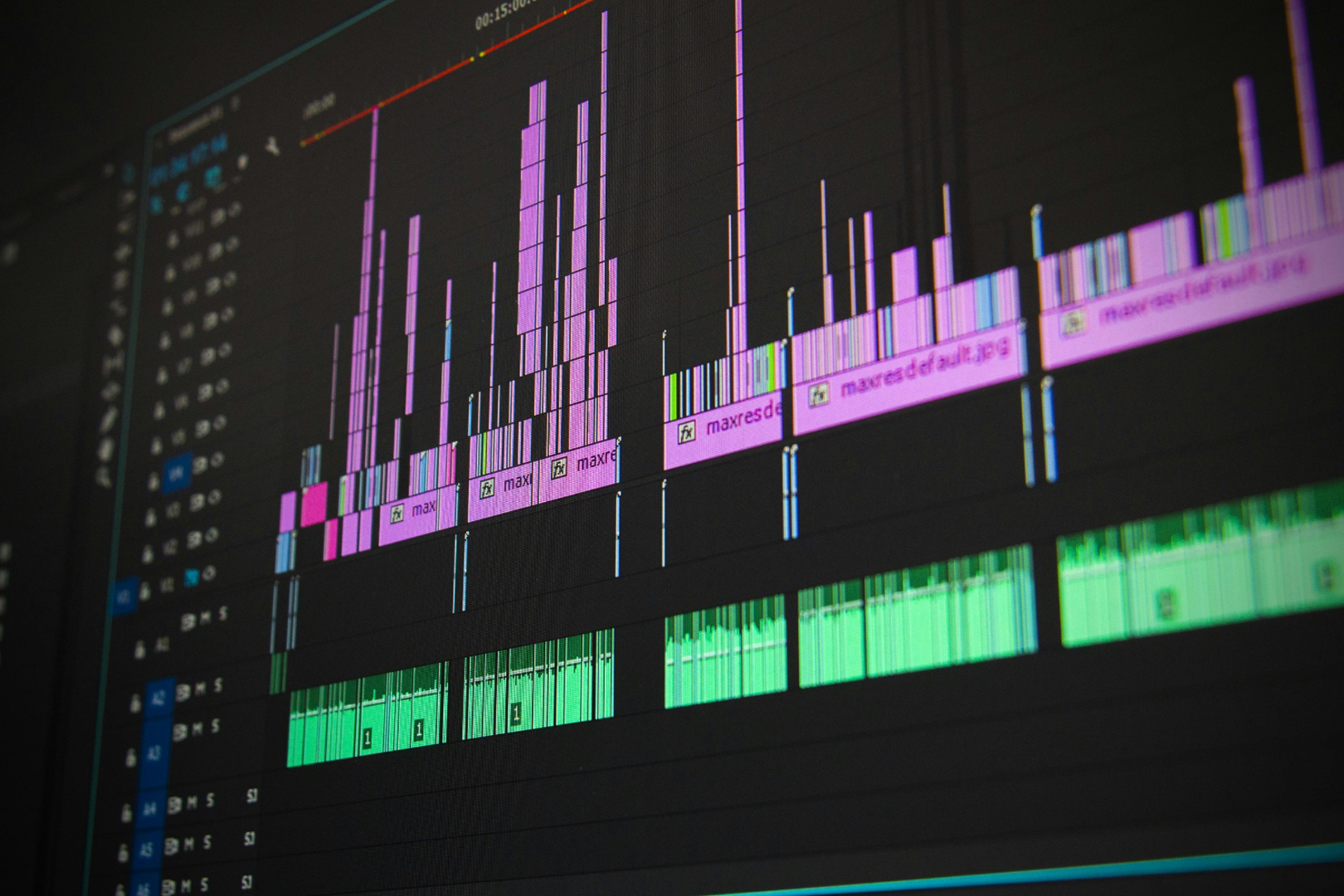 Video editing timeline on a monitor during post production