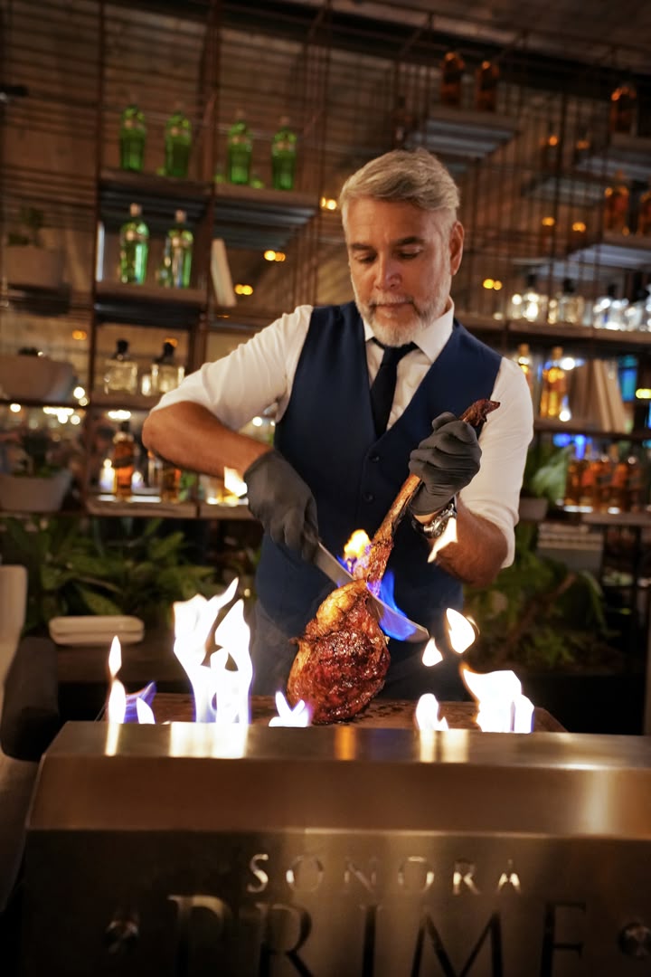Editorial: Chef cutting a flaming Tomahawk steak at Sonora Prime restaurant. Editorial: Chef cutting a flaming Tomahawk steak at Sonora Prime restaurant.
